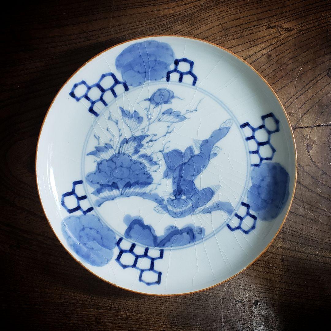 皿　染付　獅子　古伊万里　亀甲　牡丹　薊文様　江戸　訳あり　欠け直し