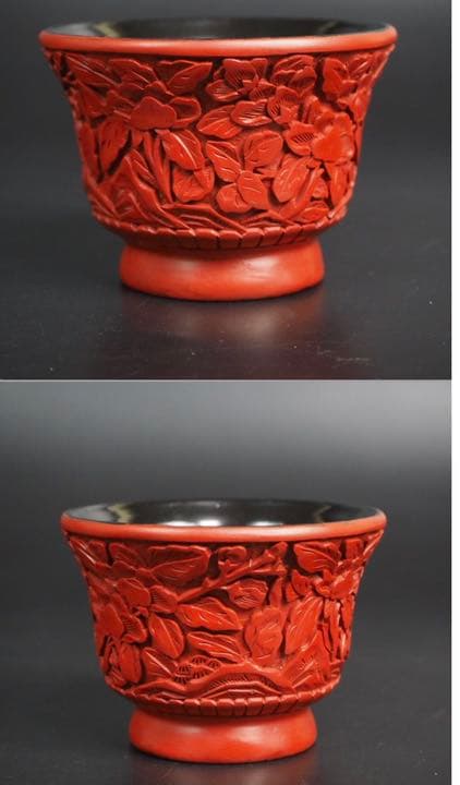 送料無料　60-70年代 北京彫漆場精製 堆朱煎茶碗5客 ★珍品★