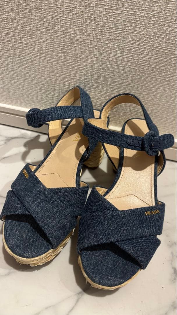 PRADA デニムウェッジソールサンダル