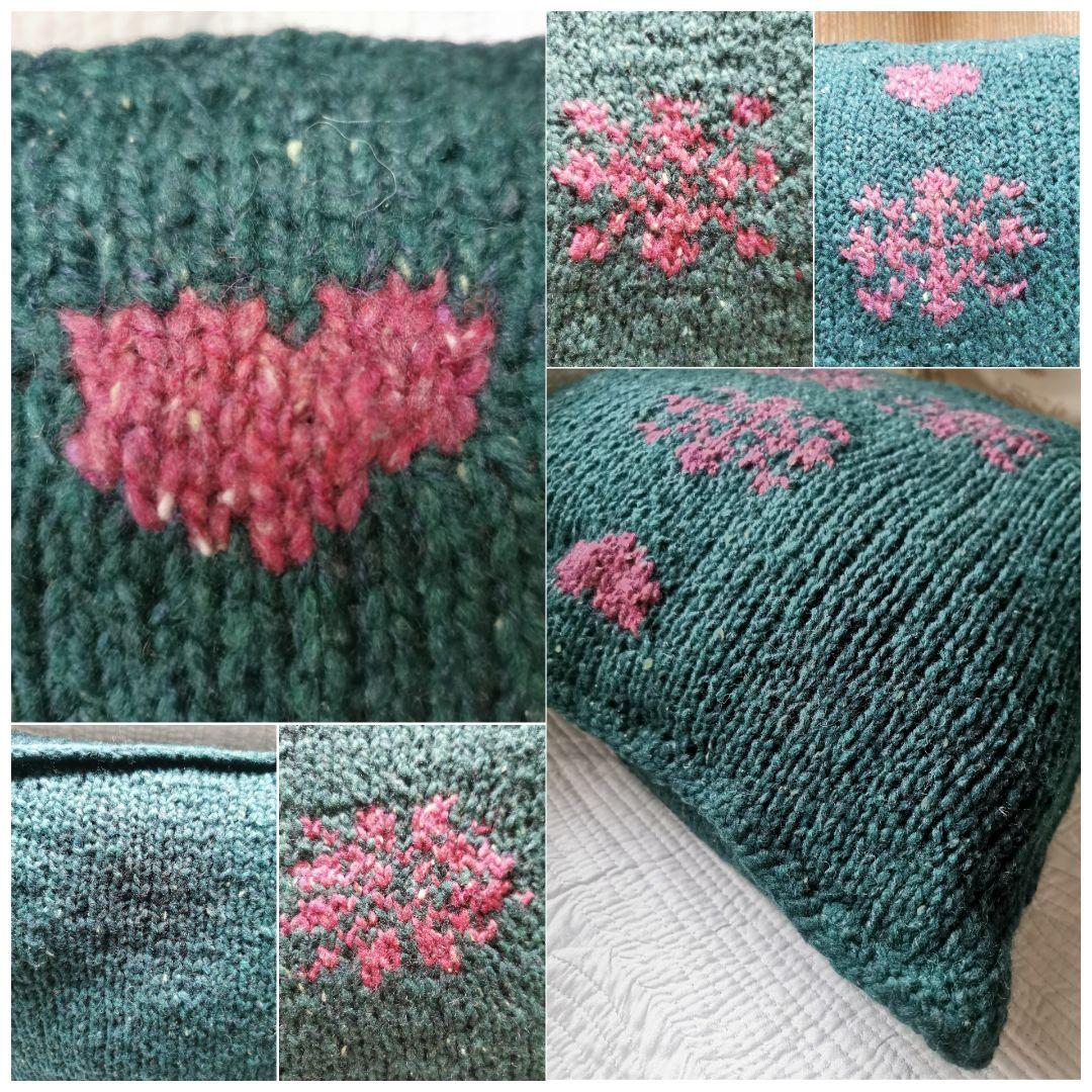 ヴィンテージドイツ メリノツィードニット棒針手編みハート＆蜂柄 中綿入クッション