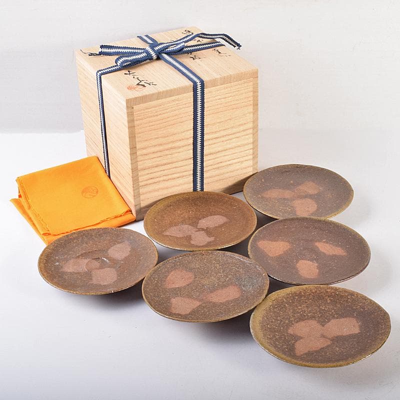 和食器　備前焼　五子窯　前嶋五一郎作　小皿　六客　共布共箱　V　R7665