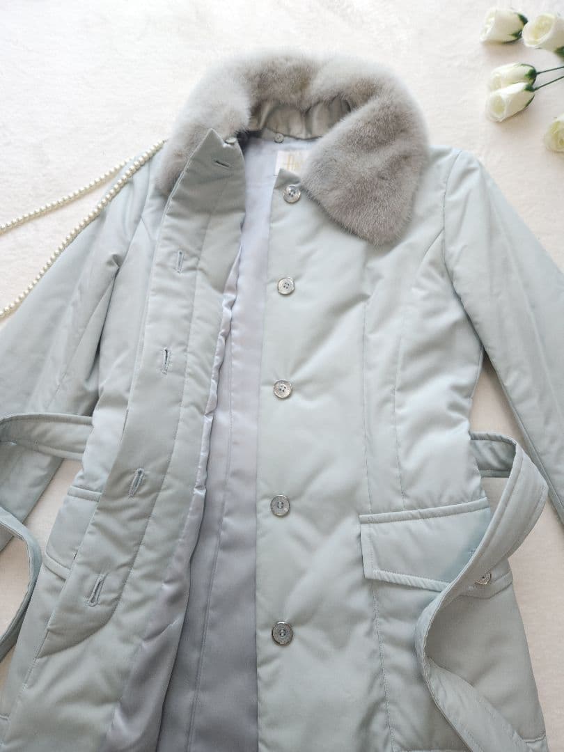 Harrods 美品 英国高級コート ミンクファー着脱可能 中綿 淡いブルー