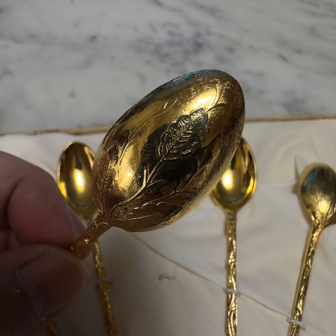 24金メッキ ティースプーン 6本　葉の模様　アンティーク