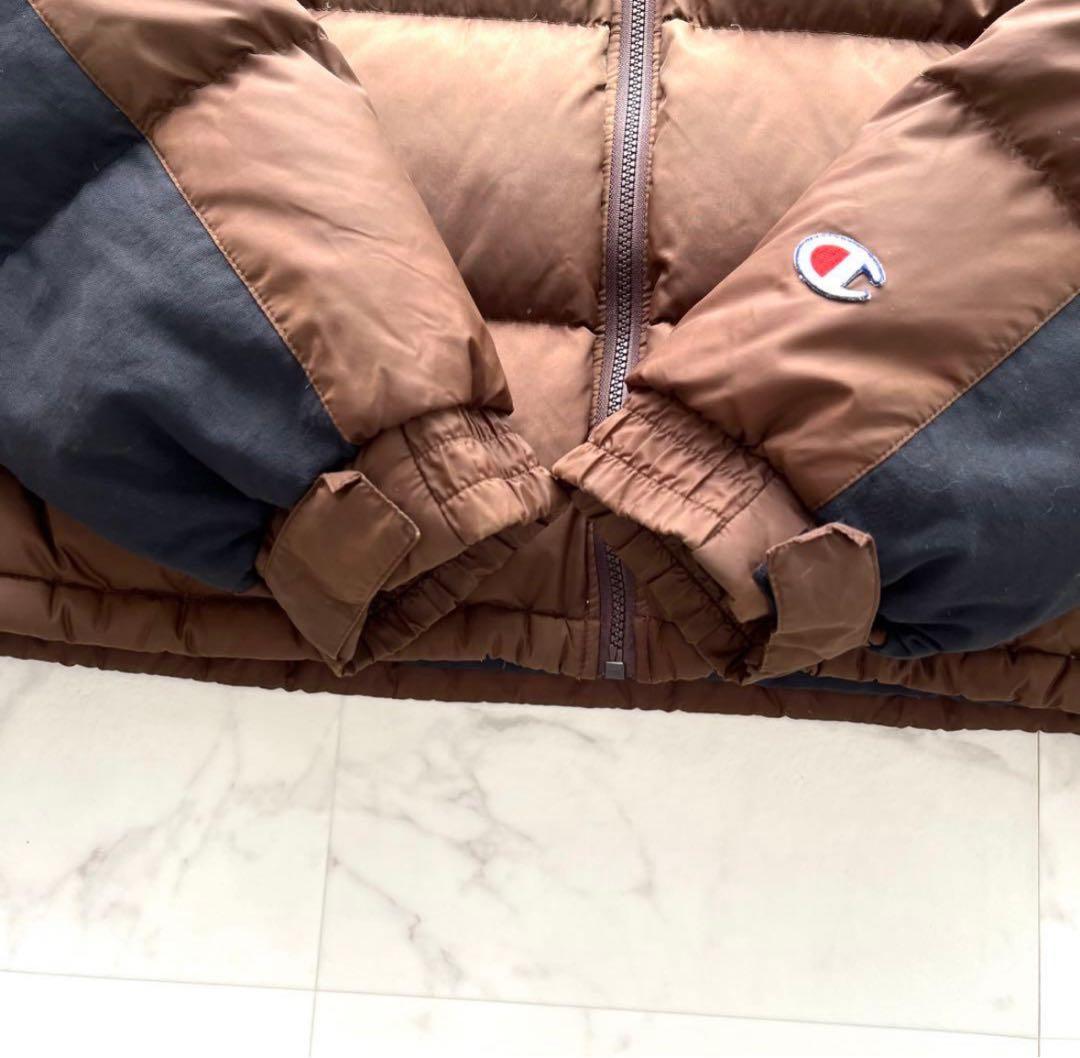 希少 チャンピオン ダウンジャケット 肉厚 刺繍ロゴ 刺繍ロゴ ヌプシ 茶色 L