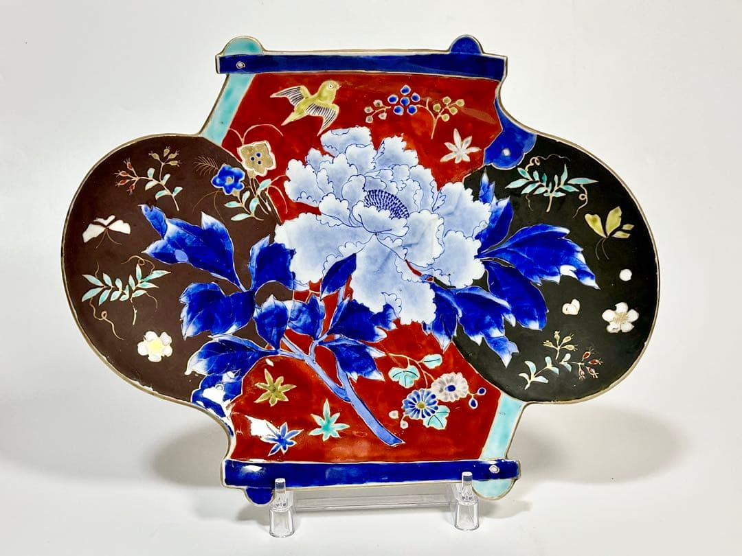 明治初期 香蘭社 染錦牡丹文団扇形皿 伊万里 有田