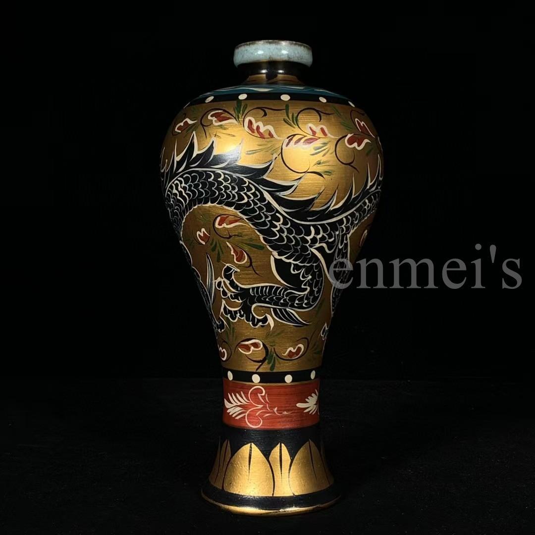中国古美術・旧蔵宋汝窯・宋真宗御賜款彩繪龍紋梅瓶・彩絵・花瓶・陶磁器・文房置物