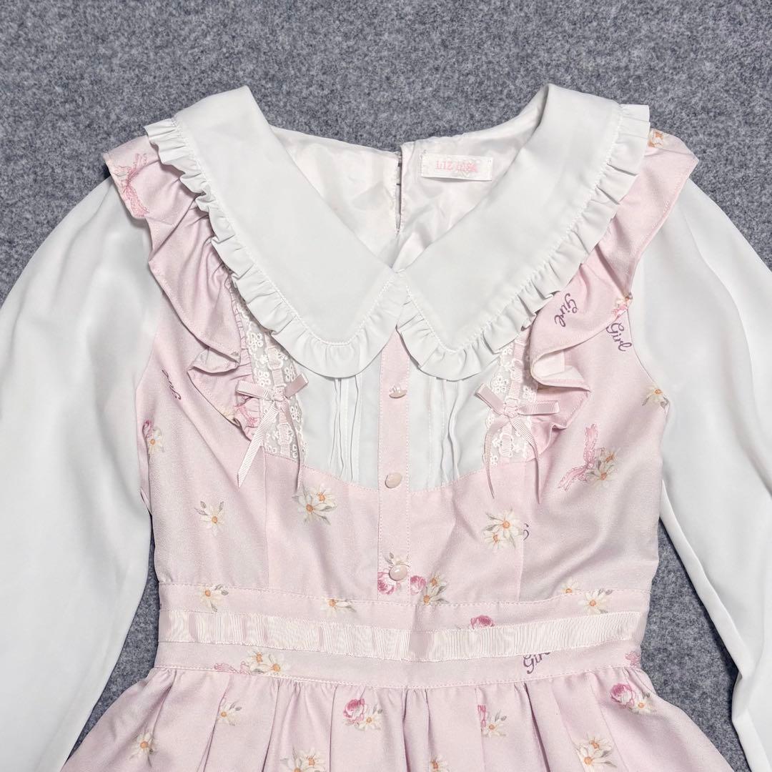 LIZ LISA 襟付き 長袖 ワンピース うさぎ フラワー 柄　ピンク