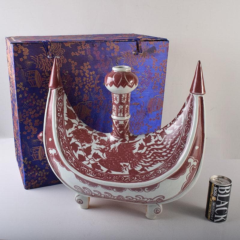 中国　釉里紅　四足水注　扁壷　M　7325C