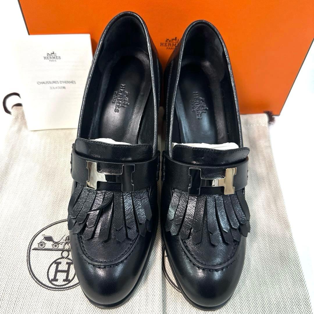 新品　エルメス　エリゼ　レザー　ヒール　ローファー　モカシン　黒　37 1/2