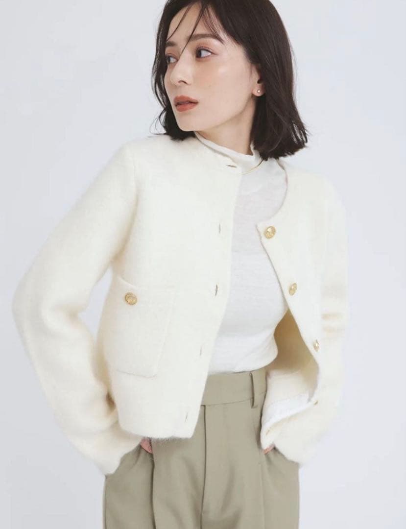 【美品】anuans アニュアンス ラクーンブレンドノーカラーニットジャケット