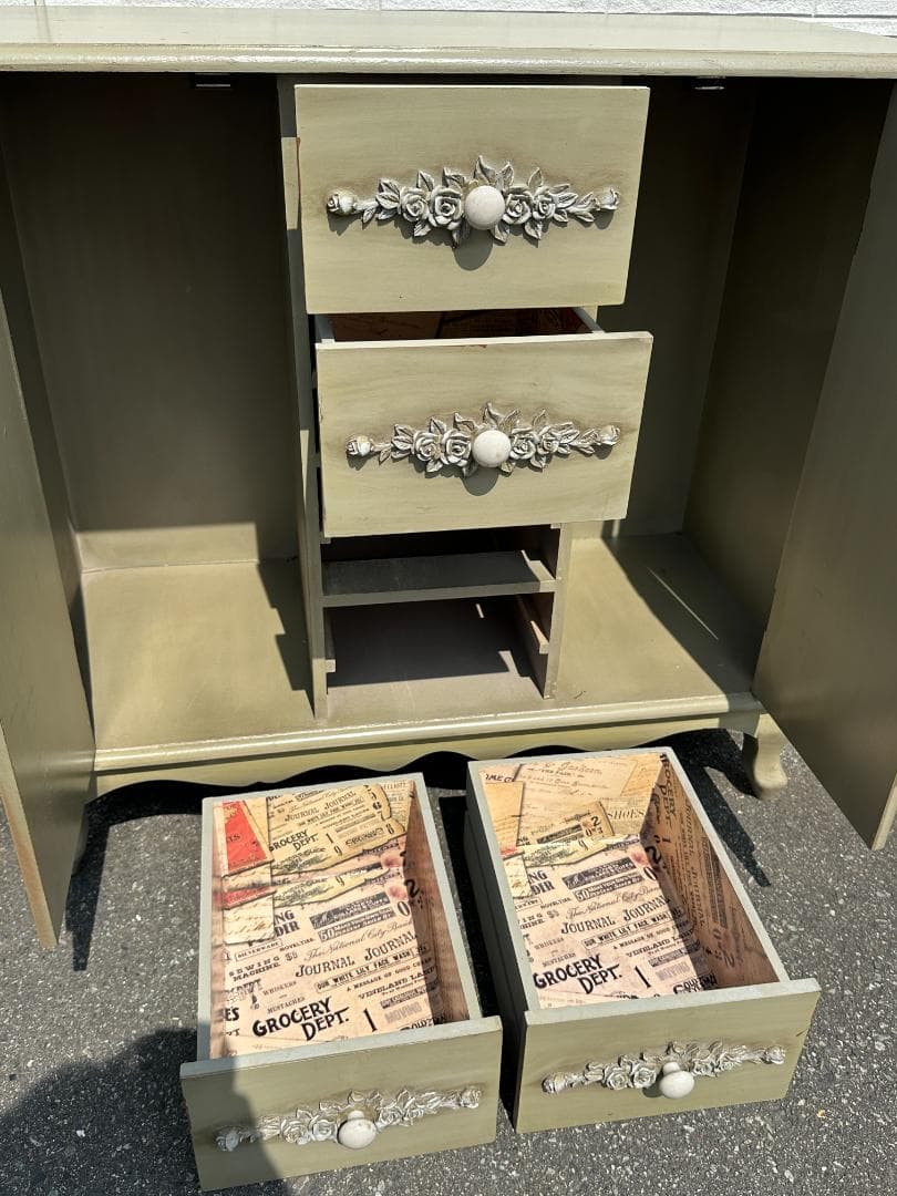 ビンテージ ロココ調 アンティーク風 木製 デザインキャビネット 棚 グリーン