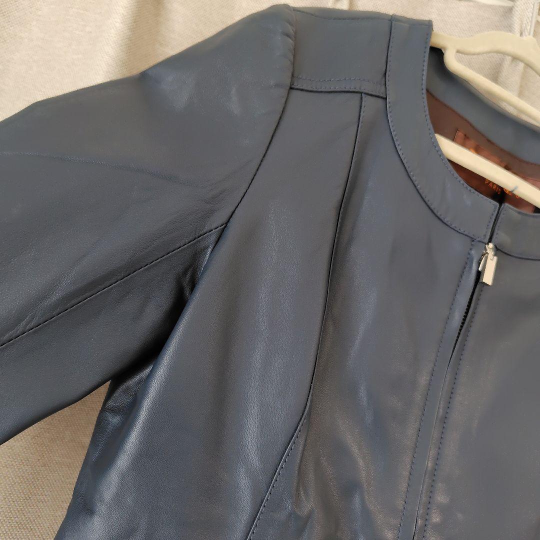 バルマン ラムレザージャケット　羊革 　ネイビー　ノーカラー