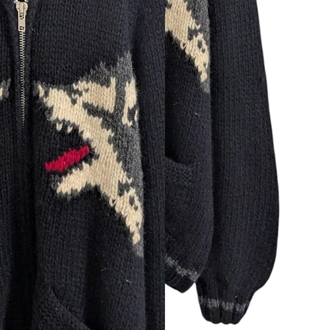 Vintage古着　80s　狼オオカミウルフ　カウチンニット　ジップアップ　犬