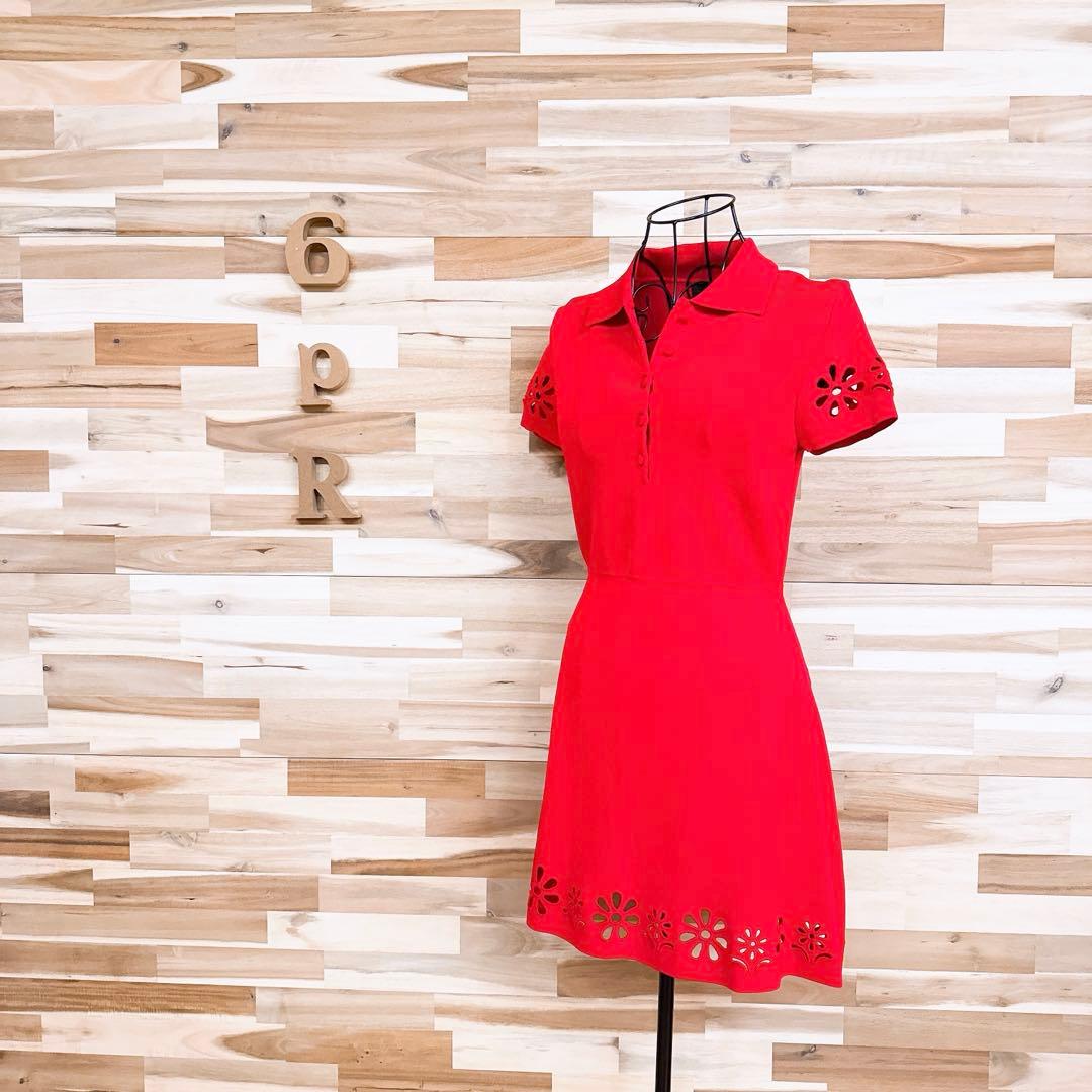 【ザラ】花柄 フラワー 刺繍カットワーク ミニ ニット ワンピース 半袖 S 赤
