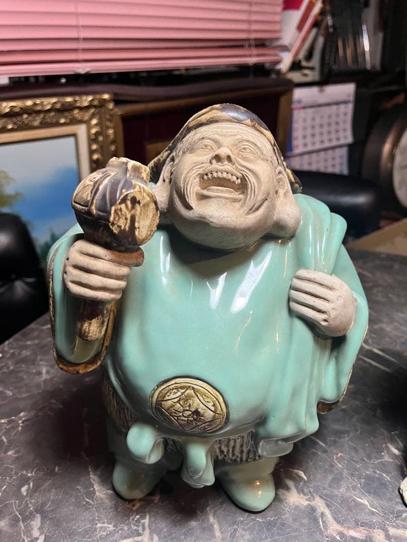 大黒天大黒様 恵比寿様、 明治時代の青磁 貴重な1対 七福神　 青磁 陶器製