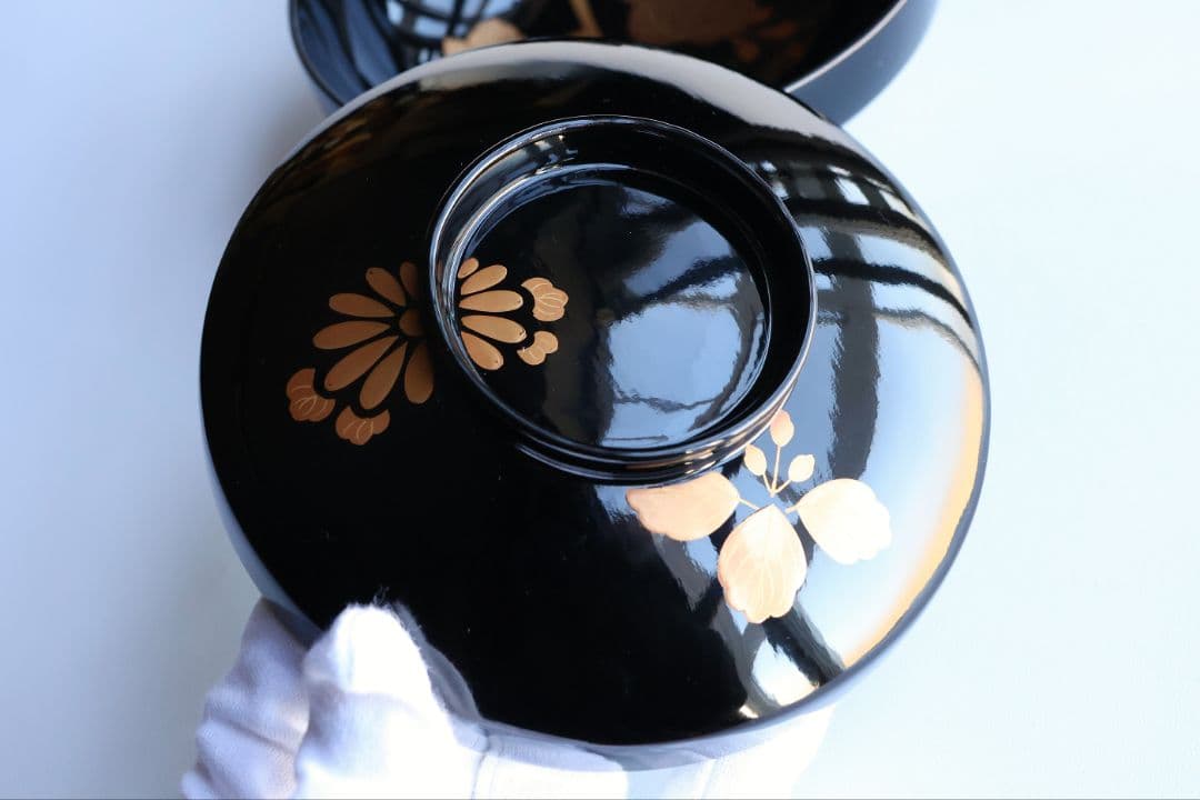 【CM400】天然木漆塗 菊桐鳳凰金蒔絵 黒塗 吸物椀 二客 昭和期 木製漆器