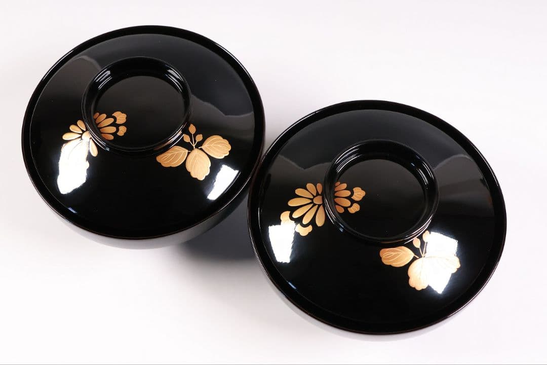 【CM400】天然木漆塗 菊桐鳳凰金蒔絵 黒塗 吸物椀 二客 昭和期 木製漆器