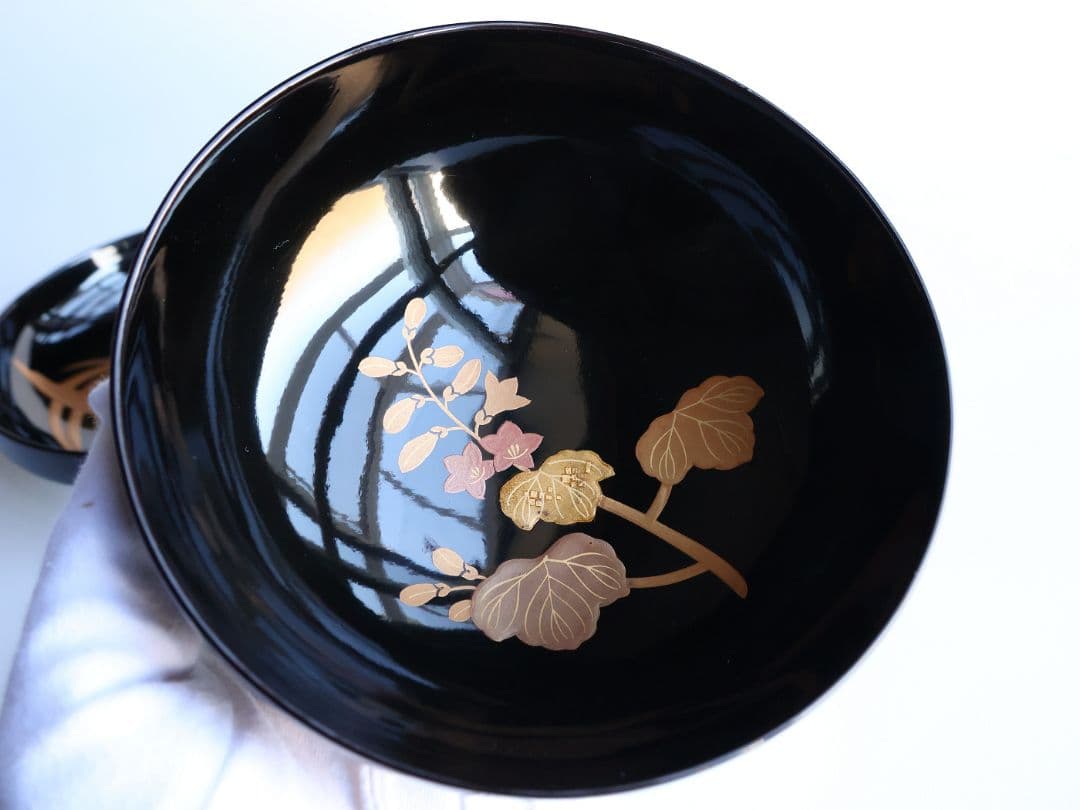 【CM400】天然木漆塗 菊桐鳳凰金蒔絵 黒塗 吸物椀 二客 昭和期 木製漆器