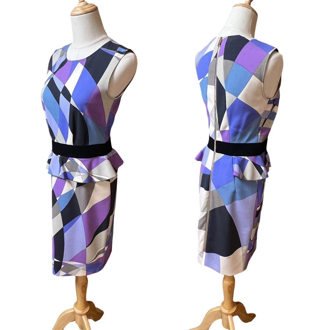 美品【エミリオプッチ】ウールウエストフリルノースリーブワンピース☆幾何学柄☆L