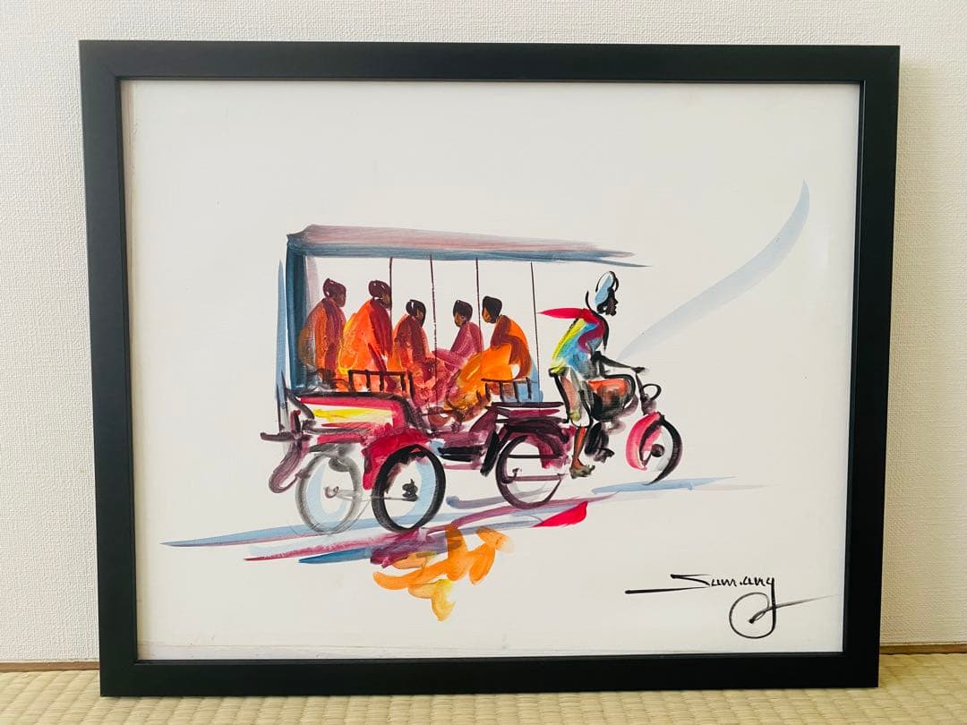 水彩画 トライシクルと僧侶