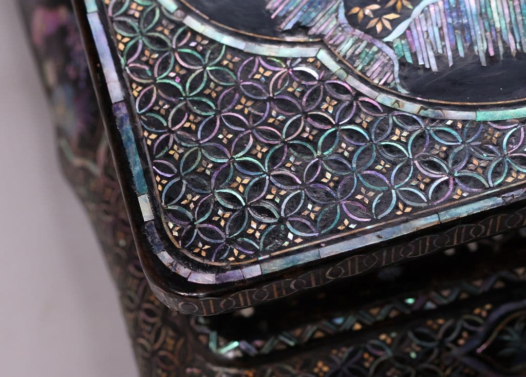 時代唐物 青貝螺鈿細工 楼閣人物 平卓 花台 香炉台 58cm 木製【MA624