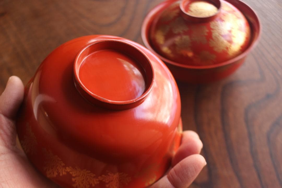 時代逸品！上質朱漆に極上信夫蒔絵の映えるお椀2点（検輪島塗懐石椀蒔絵椀