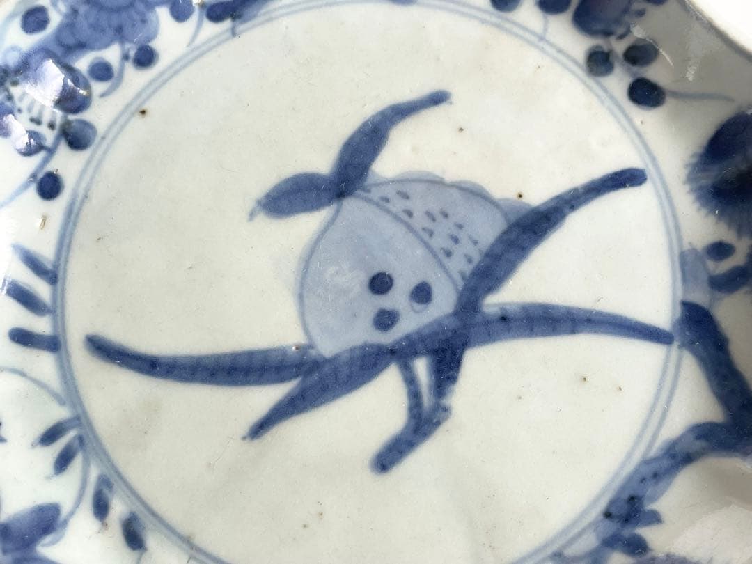 骨董　アンティーク　藍九谷　染付　桃図　輪花縁　小皿　誉印　初期伊万里　古伊万里