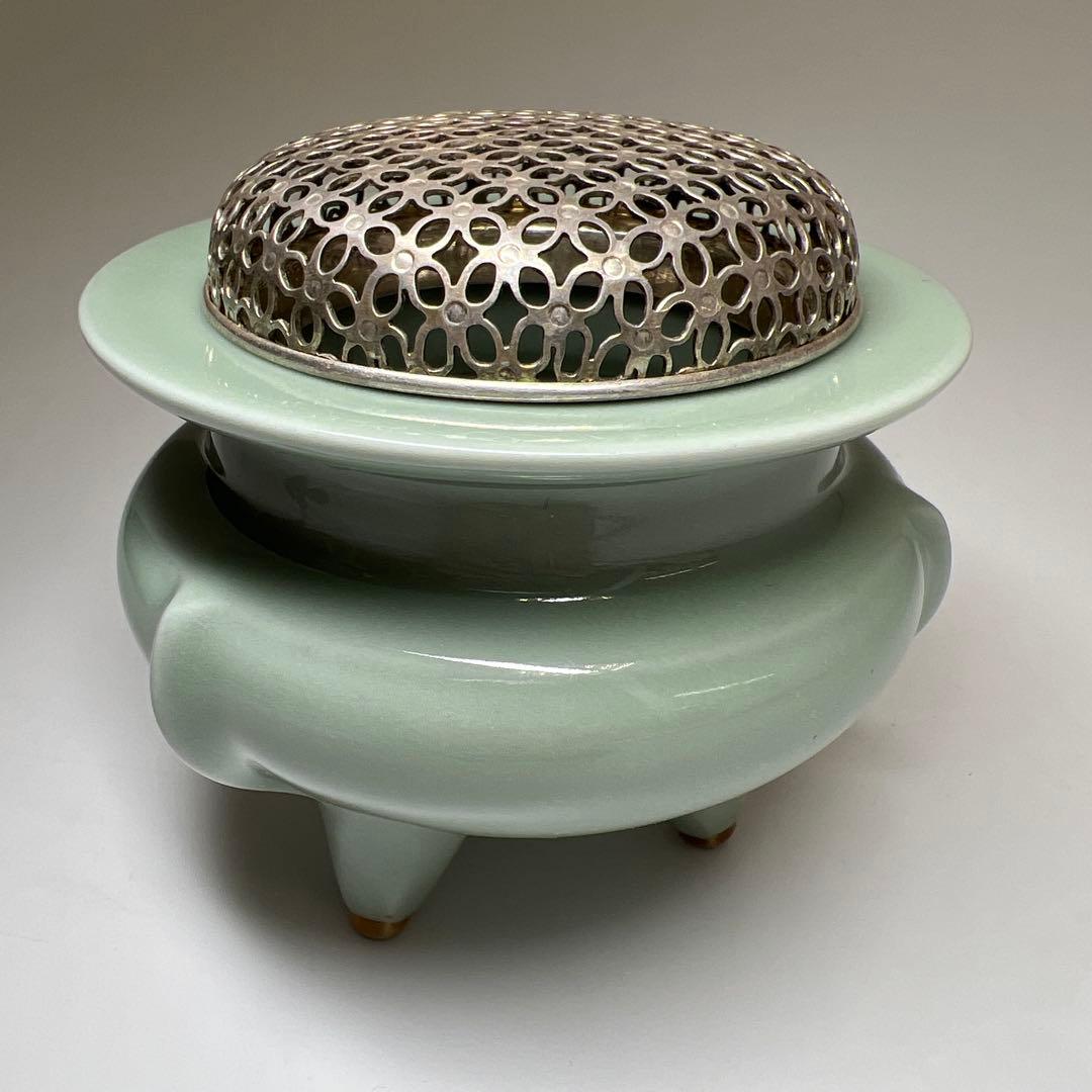 諏訪蘇山　銀火屋40g 青磁香炉　二重箱共箱　東Y8-0210☆2Fトニヒ