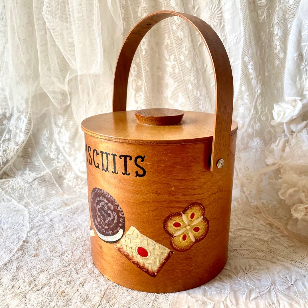 木製蓋付きビスケットジャー　キャニスター入れ持ち手ハンドルヨーロッパヴィンテージ