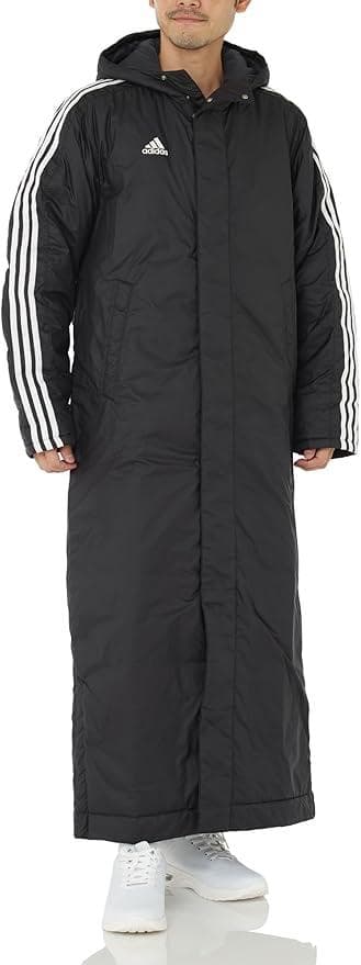 adidas フード付き ロングベンチコート ブラック