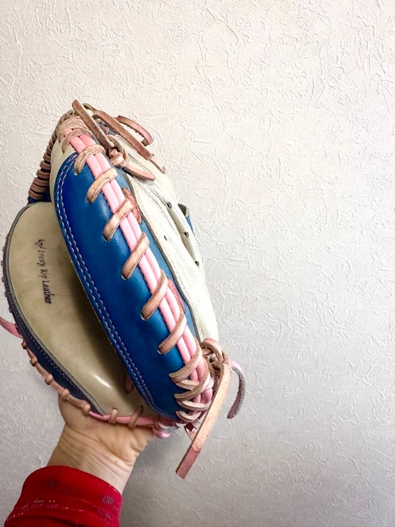 現価格即決ミズノプロ オーダー硬式キャッチャーミットベージュ青ピンク