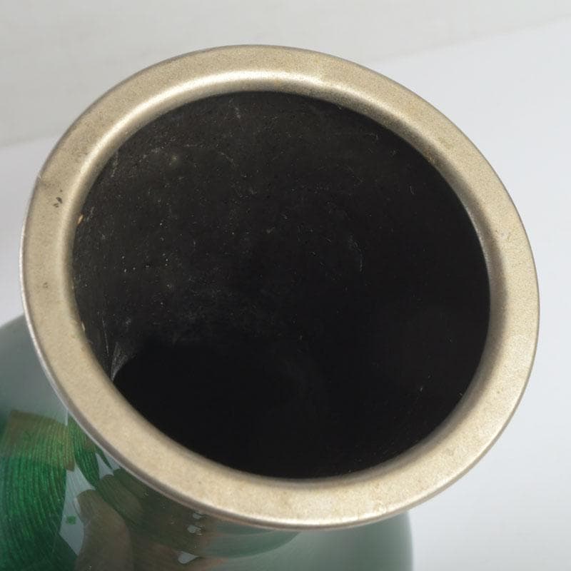 七宝焼　緑釉　松文　花瓶　共箱　V　9827