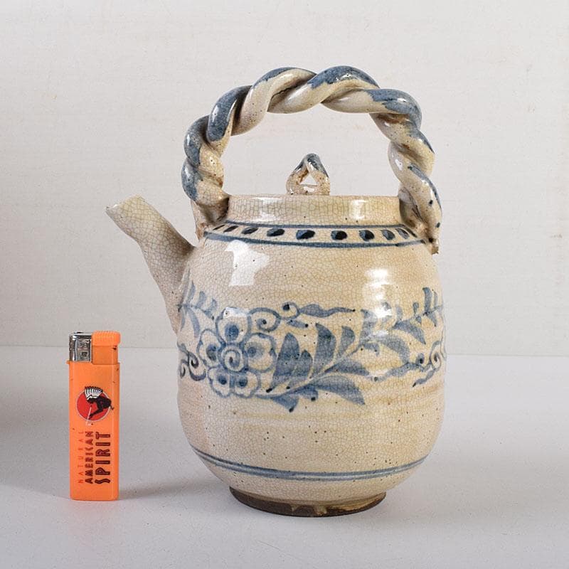 煎茶道具　益子焼　染付花文　大きめ急須　茶壷　時代箱　C　R8055C