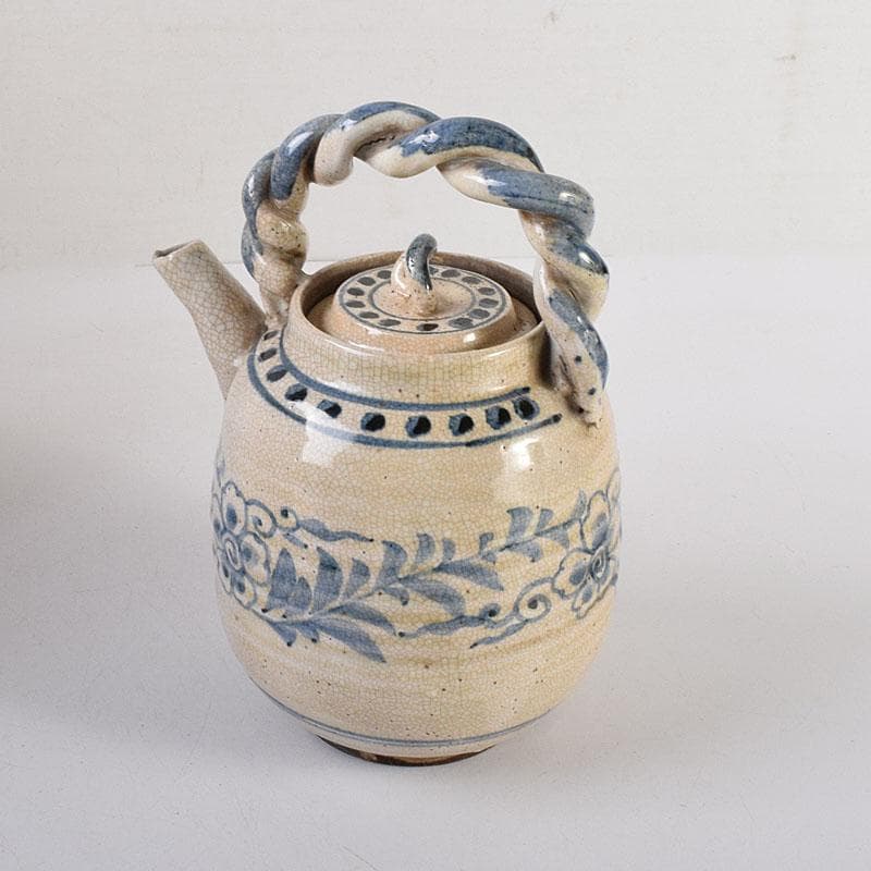 煎茶道具　益子焼　染付花文　大きめ急須　茶壷　時代箱　C　R8055C