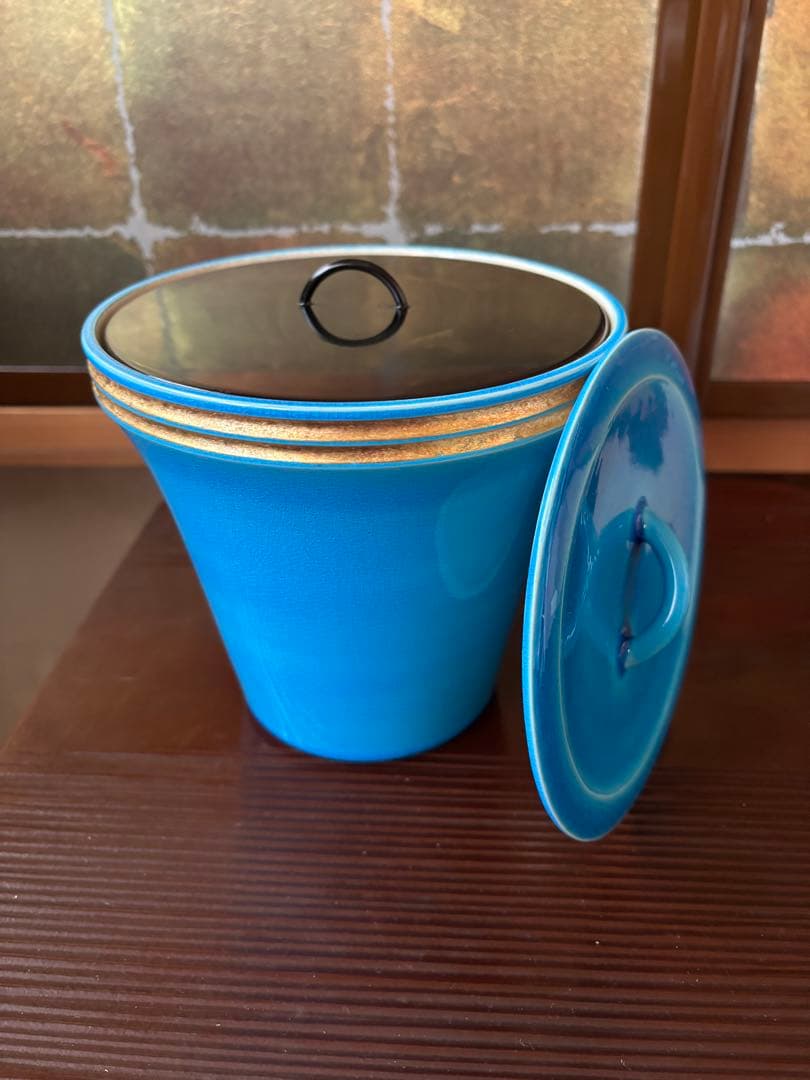 末広水指』塗替蓋付』　 中村翠嵐の「翠嵐窯」 『浅黄交趾』の青色の陶器