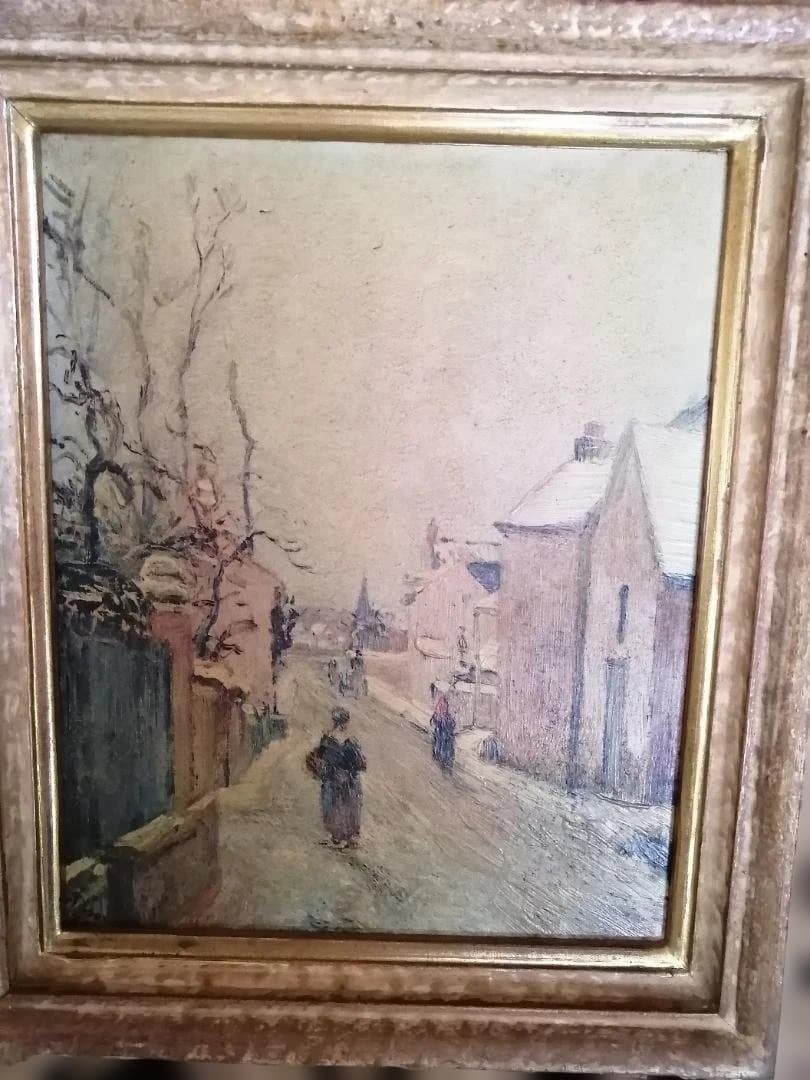 複製画「カミーユ・ピサロ　冬景色」　ヴィンテージ重厚な額付き