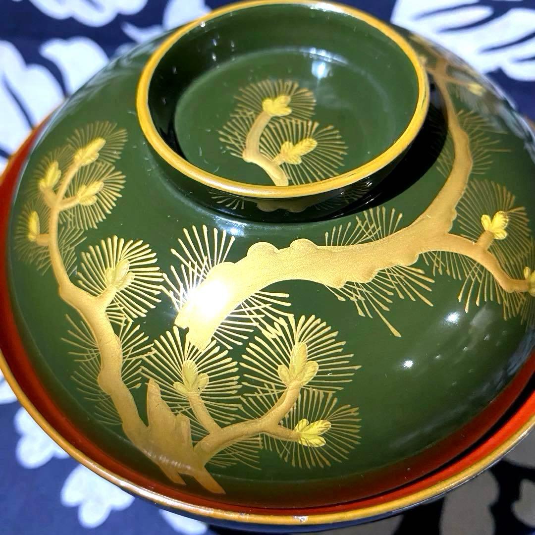 時代物骨董　大正以前　青漆吸物椀　天然木本漆　松柄金蒔絵　緑に内朱　懐石椀　五客