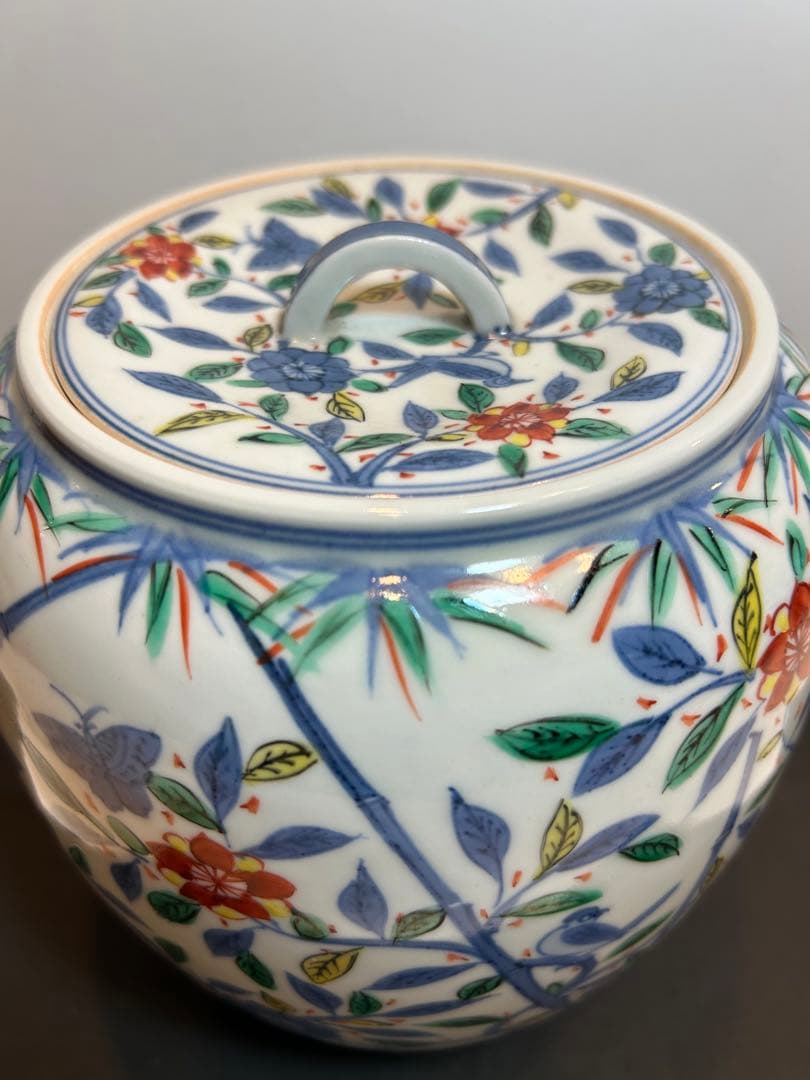 「　叶　松谷　」造　水指　吉葉色絵花鳥　共箱有り　茶道具　清水焼