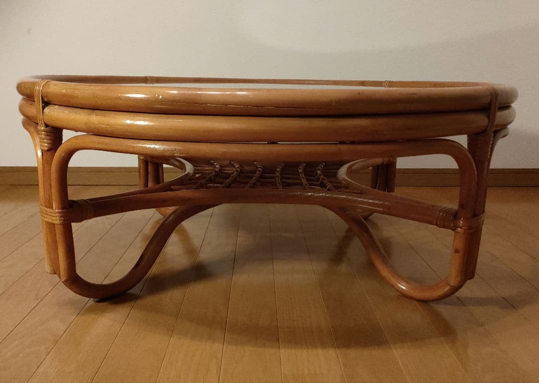 ラタン 藤 ガラス天板 丸テーブル 座卓 レトロ モダン 直径約90cm