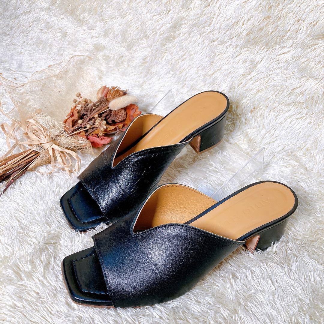 ファビオルスコーニ　レザー　Vカット　ミュール　サンダル　太ヒール　黒　23.5