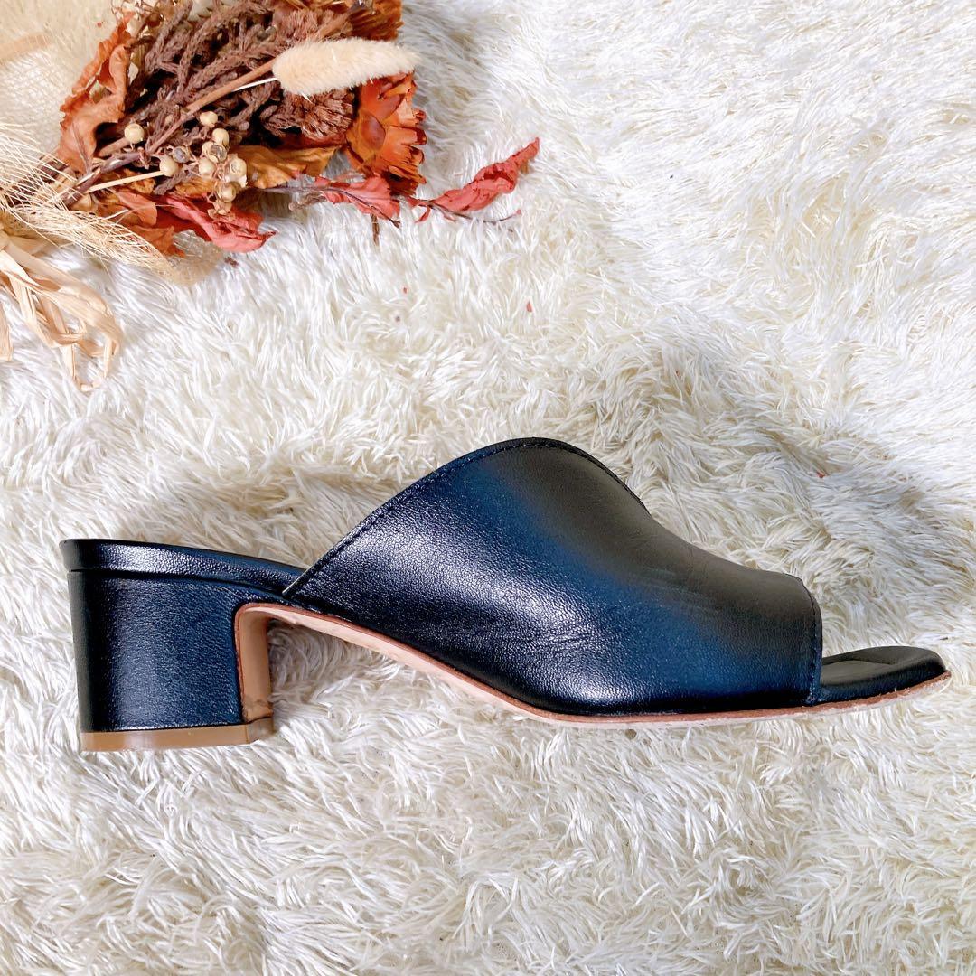 ファビオルスコーニ　レザー　Vカット　ミュール　サンダル　太ヒール　黒　23.5