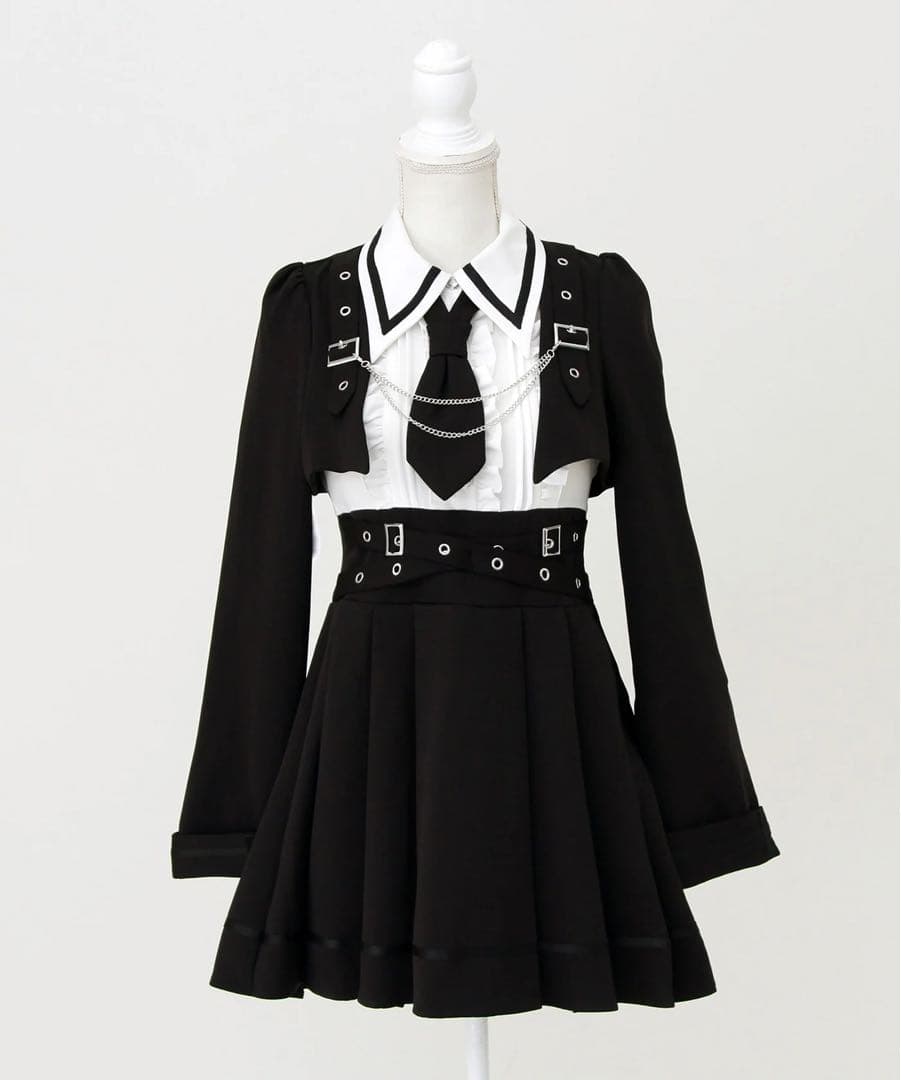 ジャケット風チェーンネクタイベルトプリーツワンピース 地雷系 サブカル ゴシック