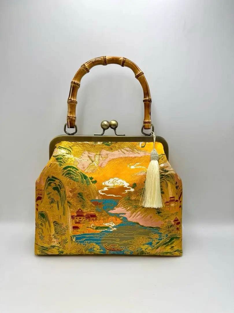 【ハンドメイド】がま口 ハンド バッグ バンブー 持ち手