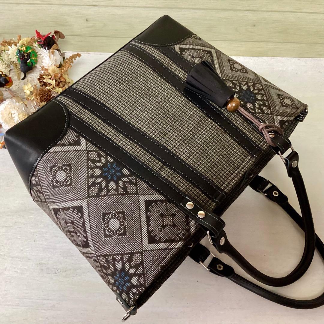 龍郷 大島紬 ×本革 着物リメイク トートバッグ 和装バッグ ハンドメイド Ａ4