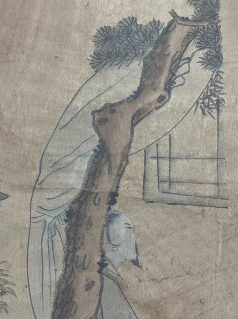 中国古美術 清代 錢慧安 人物と樹木の水彩掛軸 絹本 三尺 手描き 中堂画 肉筆