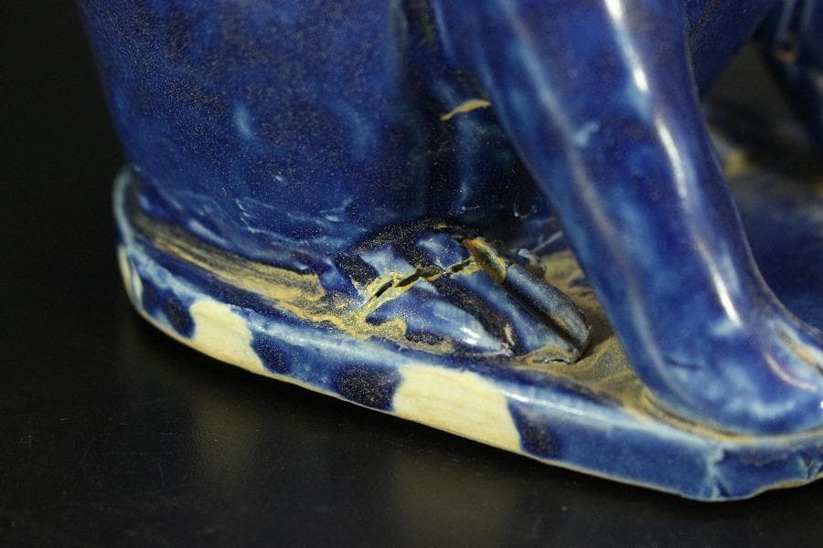 瑠璃釉 兎 置物 高12cm 骨董(LC999)