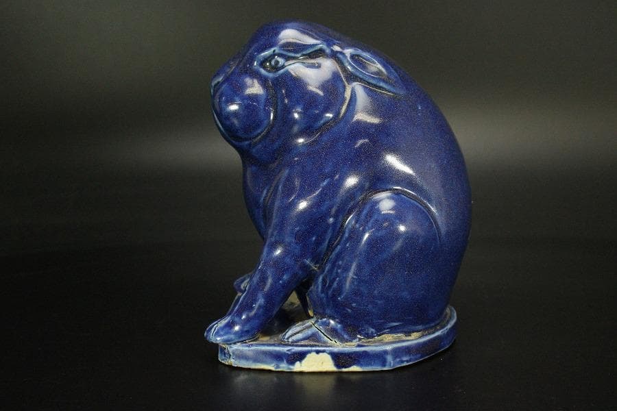 瑠璃釉 兎 置物 高12cm 骨董(LC999)