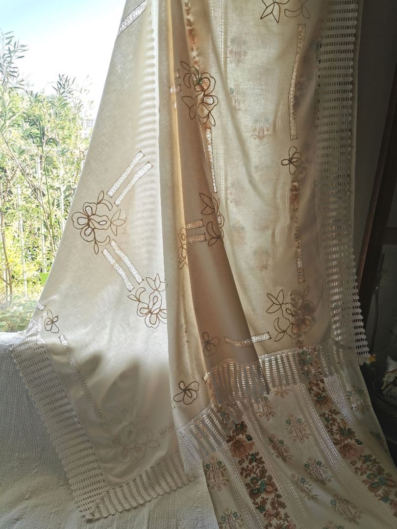 アンティークイタリア 淡いピンク 花刺繍＆ドローンワーク クロシェレースクロス