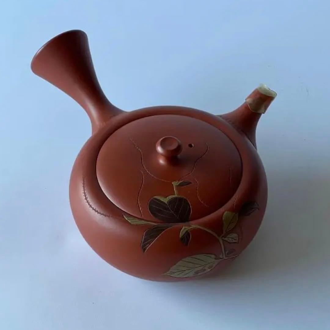 常滑焼 伊藤 昭陽作 幸山刀 朱泥彩色　水引草 彫り 急須 茶器 煎茶道具