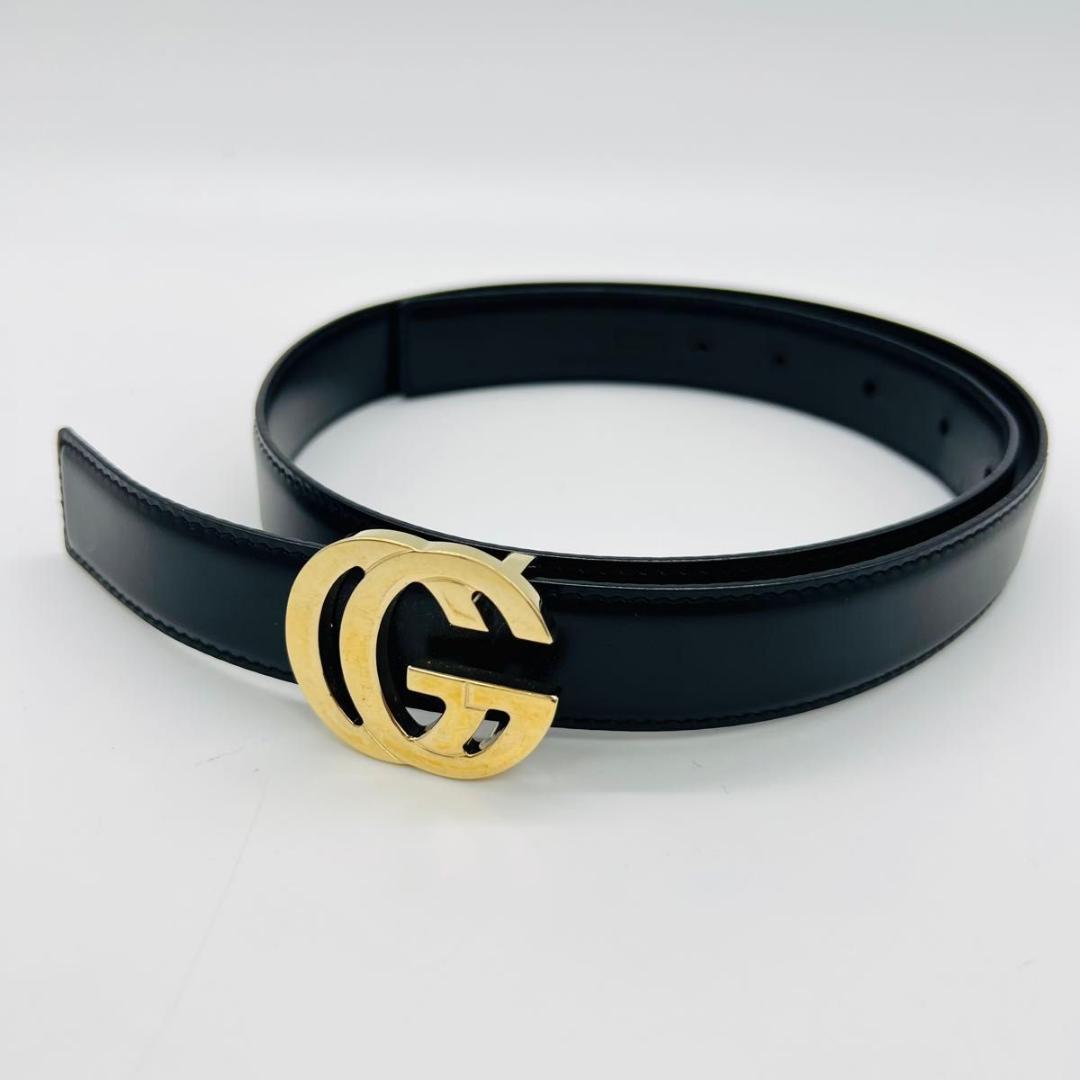 グッチ インターロッキング　G ベルト ゴールド　ブラック レザー メタル